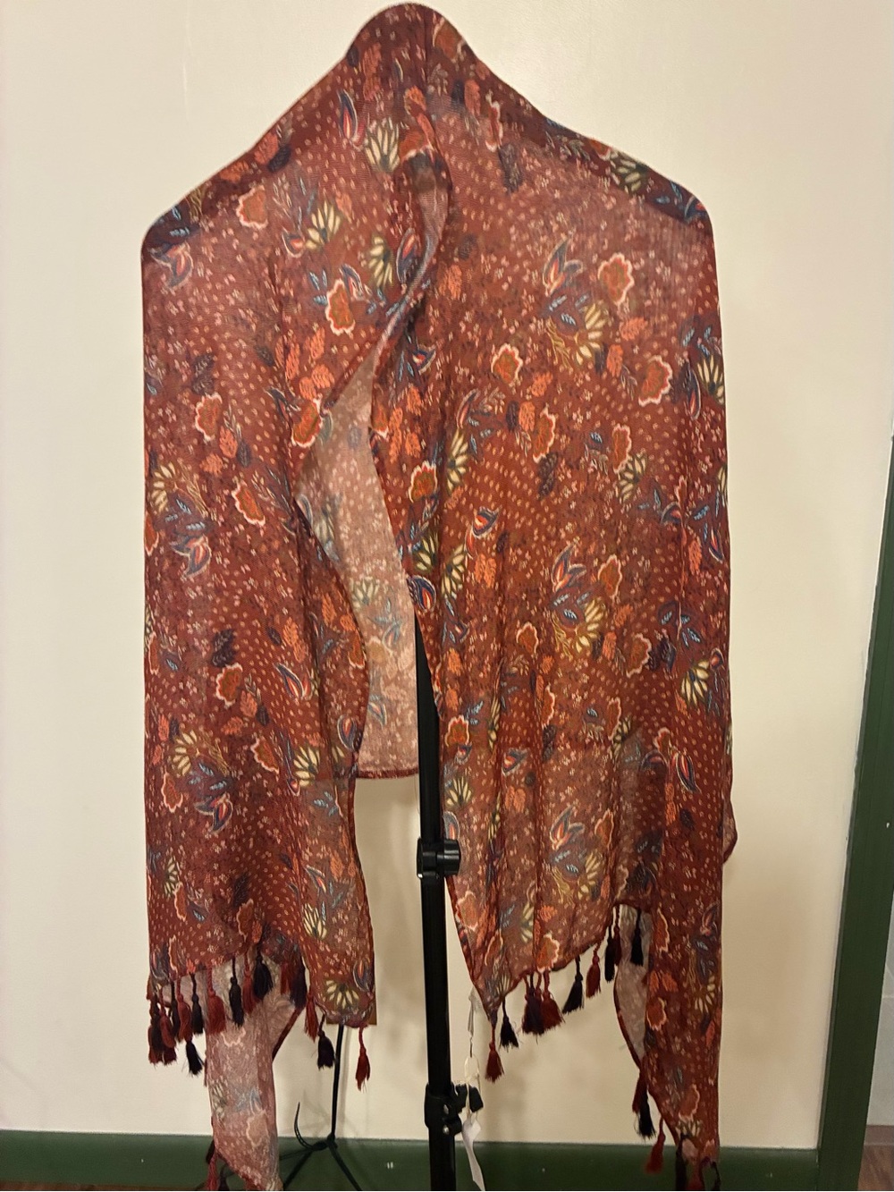 Garnet Hill Deja Gauze Rust Orange Floral Boho Scarf Tassels Linen Blend NWT